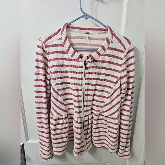 Free People Red And Off White Striped Jacket, Size Small, Like New - Picture 3 of 5